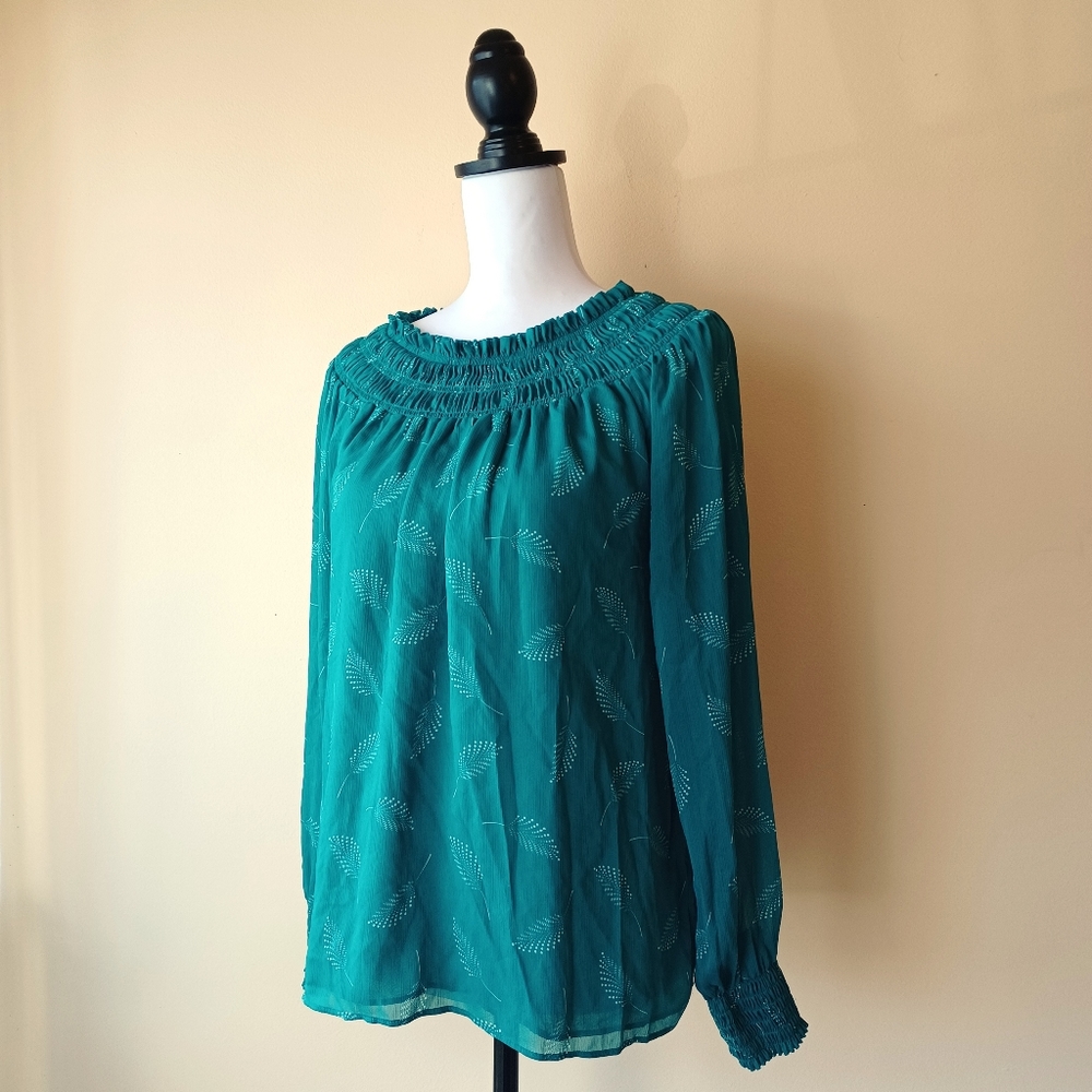 Ann Taylor Factory Women's Green Blouse Size M Smocked Semi Sheer Lined